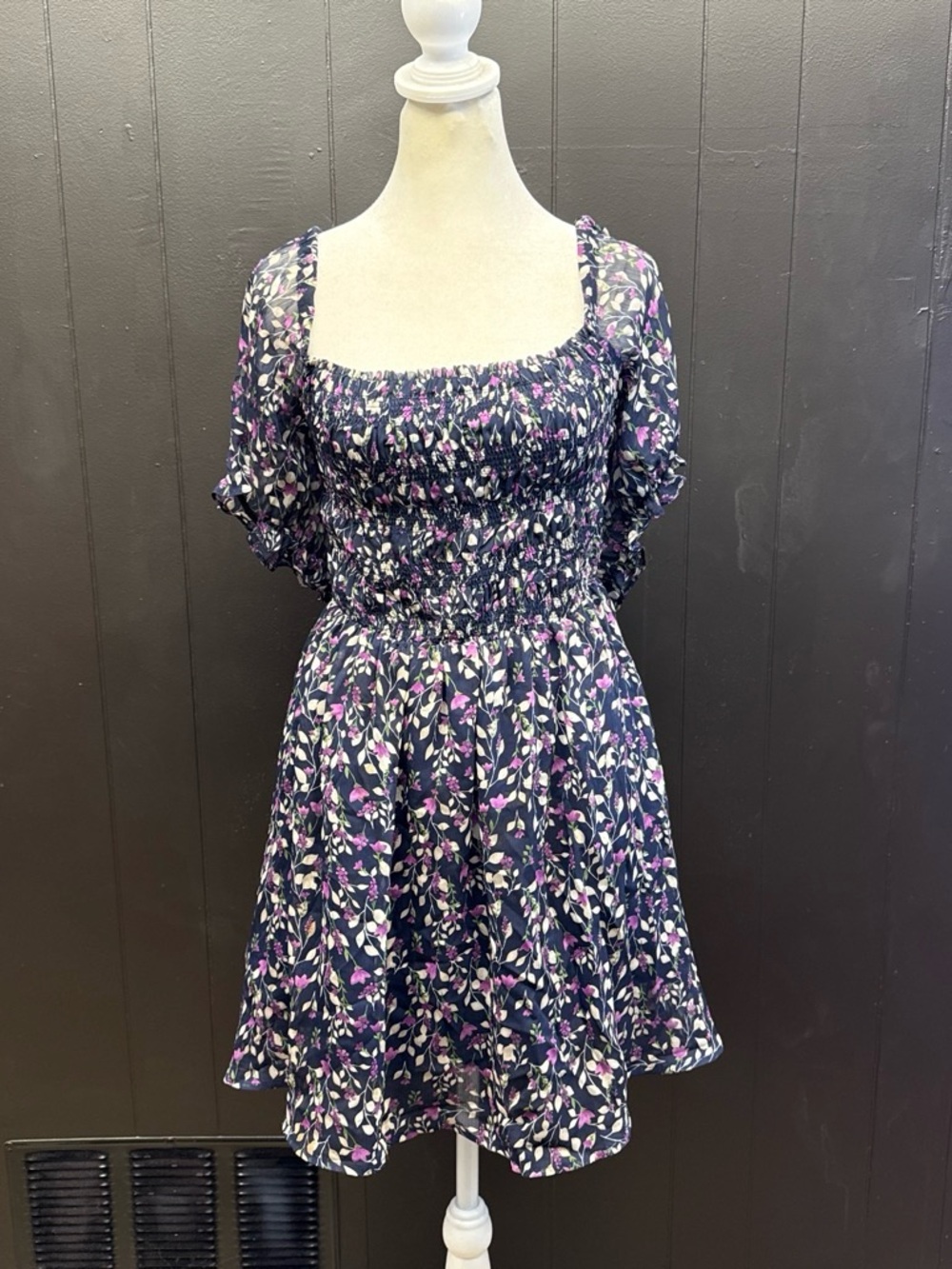 Together Navy Floral Smocked Midi with Pink and Cream Blossoms